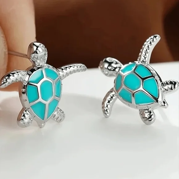 Silver and Blue Turtle Earrings - Picture 1 of 2